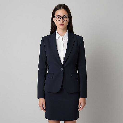 Photograph of a young woman with long black hair, wearing black-rimmed glasses, a black blazer, and white shirt, standing against a