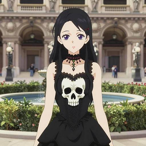 Anime-style digital drawing of a pale-skinned girl with long black hair, purple eyes, wearing a black skull-patterned dress, standing in a grand