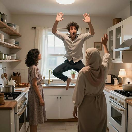 Dynamic Kitchen Scene with Three People