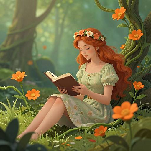 Digital illustration of a red-haired fairy with a flower crown, wearing a green floral dress, reading a book in a lush forest filled with orange flowers and