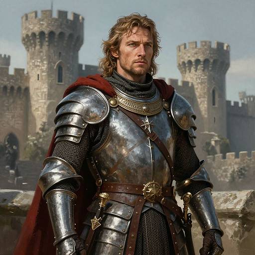Photograph of a rugged, blonde, bearded man in medieval silver armor with a red cape, standing before a castle with tall, stone towers under