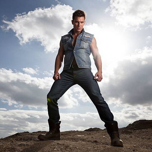 Muscular man in denim vest, dark jeans, and boots stands confidently against a bright, cloudy sky, hands on hips, rocky ground below.