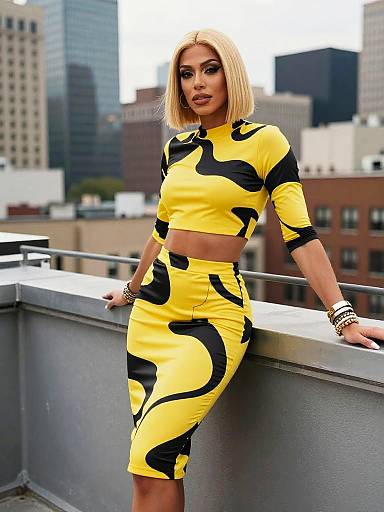 Transgender Model in Yellow Abstract Print Outfit on Rooftop