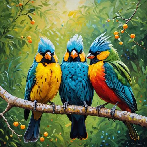 Colorful Birds on Branch Impressionist Painting