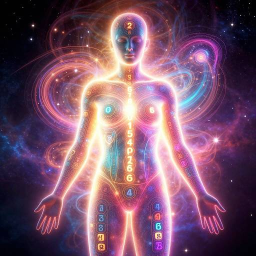 Neon-lit, glowing human silhouette with colorful, swirling cosmic patterns and chakra symbols against a starry space backdrop. Digital art.