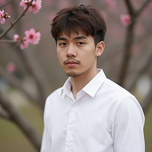 Photograph of an Asian man with short black hair, mustache, and goatee, wearing a white shirt, standing in front of a pink cherry