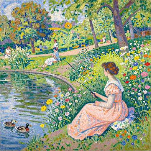 Whimsical painting of a woman in a pink dress fishing by a vibrant flower-filled pond, with ducks and trees in the background.