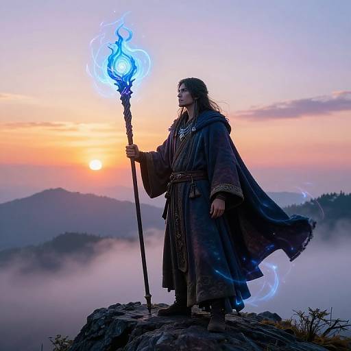 Magical wizard with long hair and brown robe holds glowing blue staff at sunrise on misty mountain peak. Digital art.
