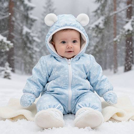 Photograph of a cute baby with fair skin and blue eyes, sitting in snowy forest, wearing light blue snowsuit with white bear ears and puffs