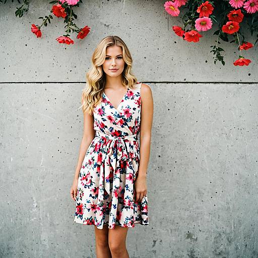 Young Woman in Floral Dress by Concrete Wall