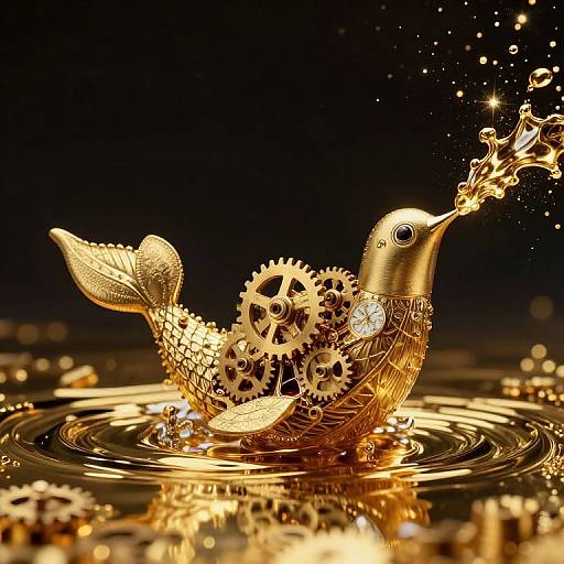 Golden mechanical bird with gears, splashing water, and sparks, floating on ripples in dark background. Digital illustration.