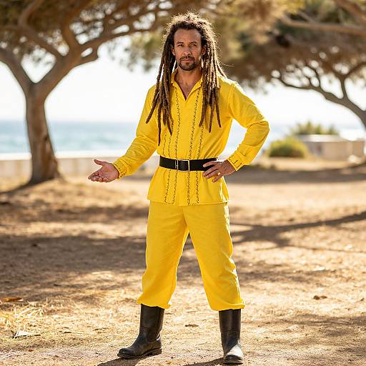 Photograph of a bearded man with long dreadlocks, wearing a bright yellow outfit, black belt, and boots, standing confidently outdoors under a tree