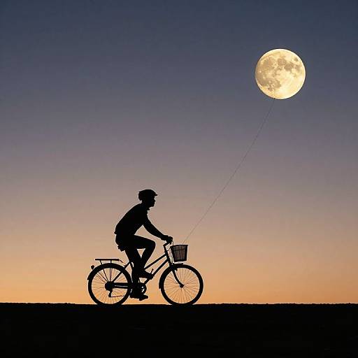 Silhouetted person riding bicycle, tethered to full moon, against twilight sky gradient from orange to deep blue. Photograph.