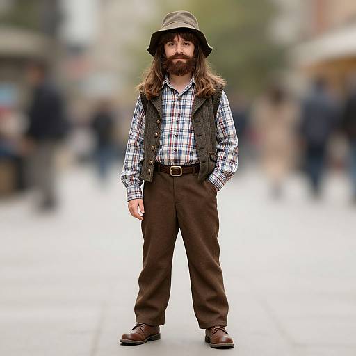 Photograph of a bearded man with long brown hair, wearing a plaid shirt, gray vest, brown pants, and brown shoes, standing confidently