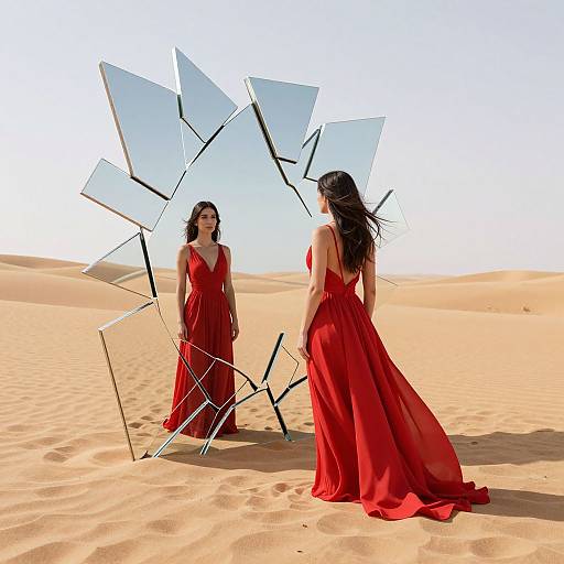 Photograph of a woman with long black hair in a flowing red dress standing in a desert, facing a broken mirror reflecting her image. Clear blue sky