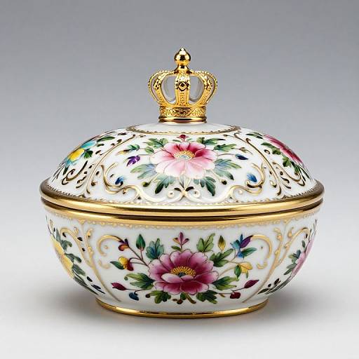 Decorative porcelain lidless round box with gold crown, floral patterns, white base, and intricate gold accents, set against a gray gradient background.
