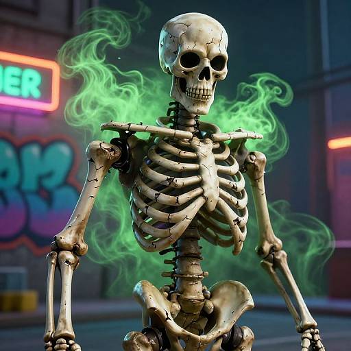 CGI image of a skeletal figure with green smoke emanating from its bones, set against a neon-lit urban street.