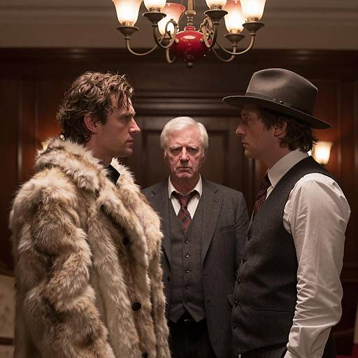 Three Men in Intense Standoff in Wood-paneled Room