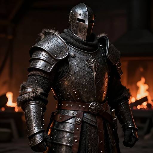 Photograph of a medieval knight in detailed, patterned steel armor with fur trim, standing in a dimly lit, fiery background.
