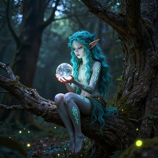 Digital fantasy artwork of a blue-haired, glowing-tattooed elven woman with pointed ears, sitting on a moss-covered tree branch, holding a
