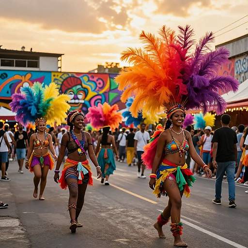 Photograph: Vibrant Carnival parade with two Black women in colorful feathered headdresses, sequined bikinis, and rainbow skirts, walking on a