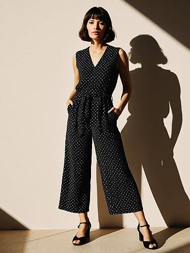 Woman in Black Polka Dot Wide-Leg Jumpsuit
