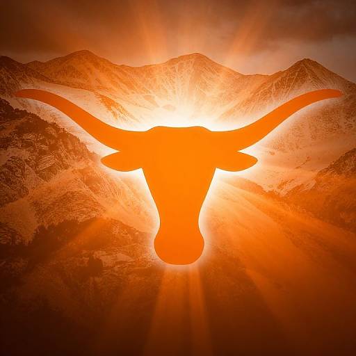 Photograph of a bright orange bull silhouette with large horns, centered behind a radiant sun, set against a mountainous, misty background.