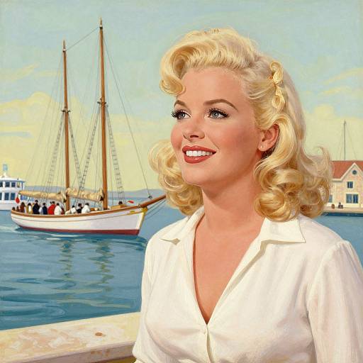 Vintage-style digital illustration of a smiling blonde woman with curled hair, wearing a white blouse, standing by a harbor with a sailboat and houses in the