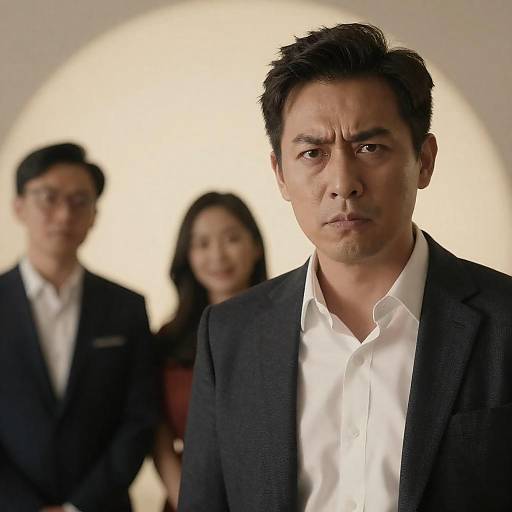 Intense Businessman with Smiling Colleagues in Background