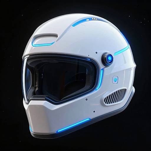 CGI image of a futuristic white helmet with blue neon accents, black visor, and a small blue light on the right side. Set against a