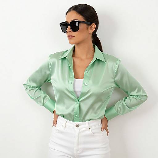 Photograph of a confident woman with dark hair in a ponytail, wearing black sunglasses, a shiny mint green button-up shirt, and white high-w