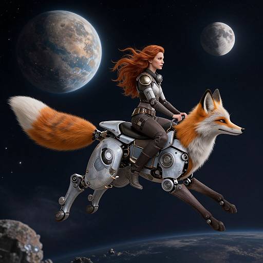 Digital artwork of a red-haired woman in futuristic armor riding a cybernetic fox through space, with two planets in the background.