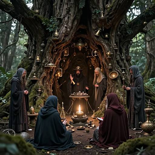 Photograph of a mystical forest gathering under a giant tree, featuring cloaked figures around a lit fire, surrounded by hanging brass lanterns and various al