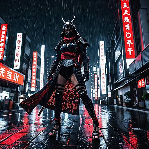 Cybernetic Samurai Warrior in Neon Tokyo Rain
