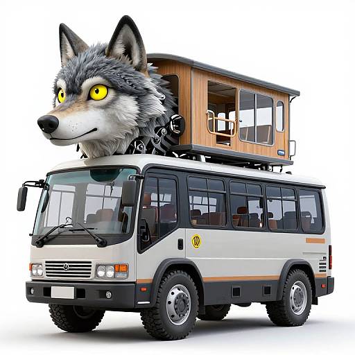 Digital illustration of a white minivan with a wolf head on top and a wooden camper attached to its roof.