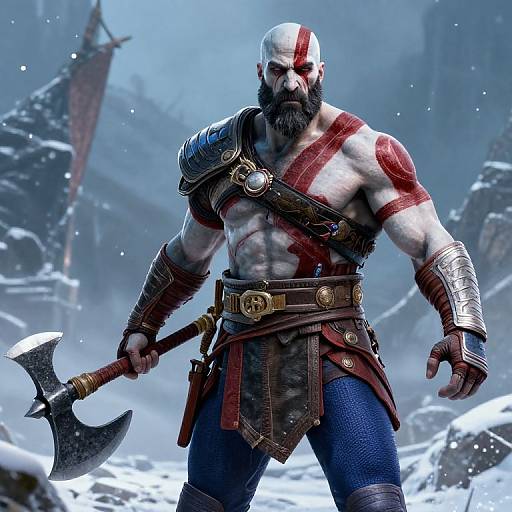 Muscular bearded warrior with bald head, red scar, armored shoulder, red sash, blue pants, holding axe, snowy battlefield background. CGI