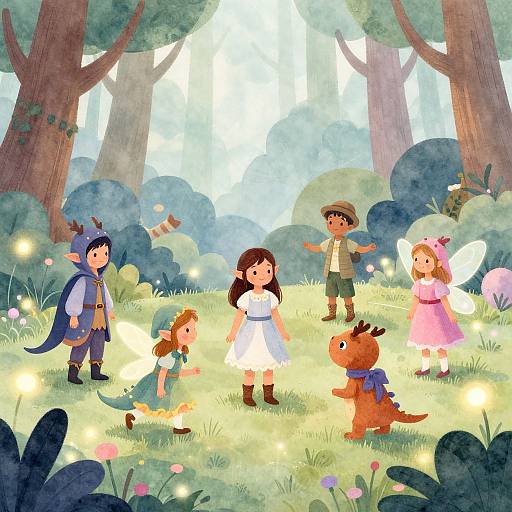 Whimsical forest scene illustration: six children, dragon, fairy, and dinosaur, surrounded by glowing fireflies, under tall trees with sunlight filtering through