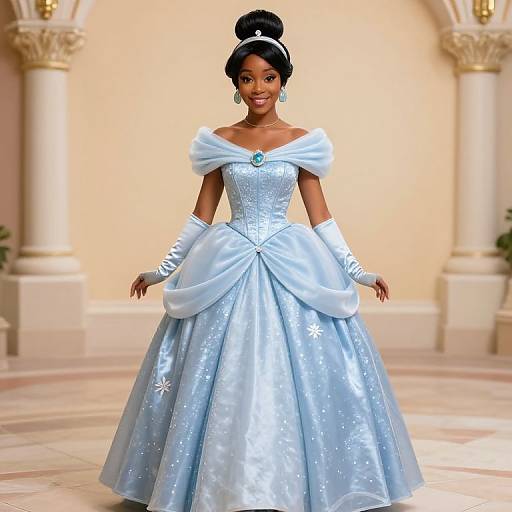 Digital illustration of a beautiful Black woman in a light blue, off-shoulder, sparkling ball gown with puffed sleeves and a jewel-encr