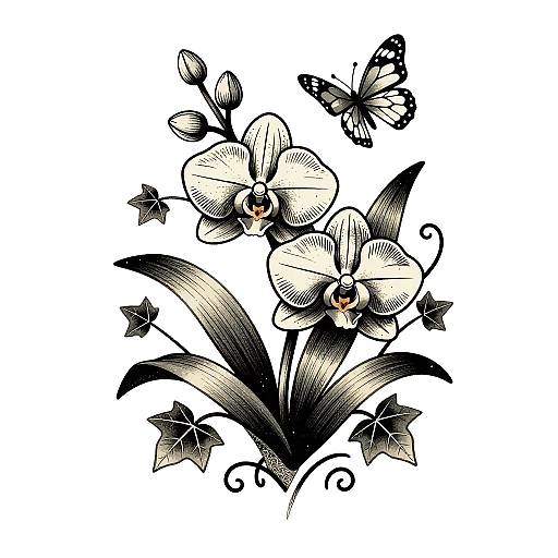 Charcoal Scraperboard Orchids & Butterflies