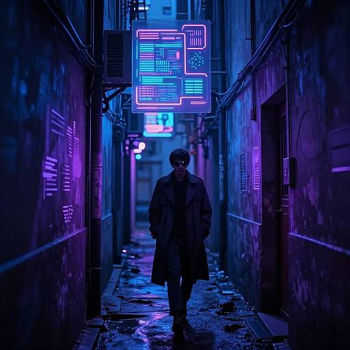 Cyberpunk alley photograph: Neon blue and purple lights illuminate a shadowy, rain-soaked alley. A lone, masked figure in a long coat