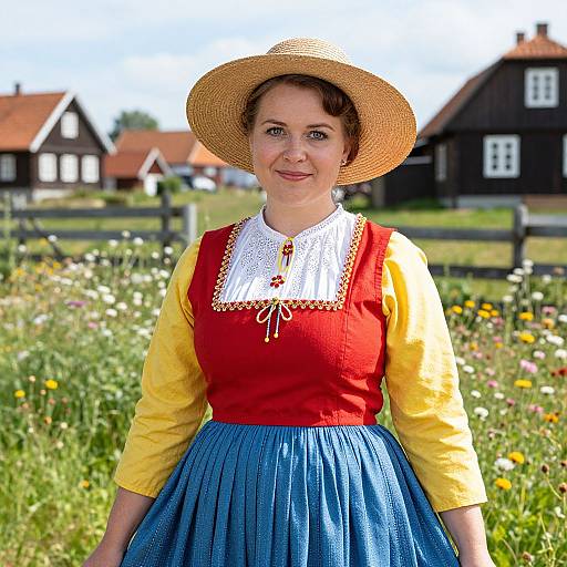Photograph of a smiling woman in a straw hat, red-yellow-blue dress, standing in a sunny, flower-filled meadow with rustic houses.