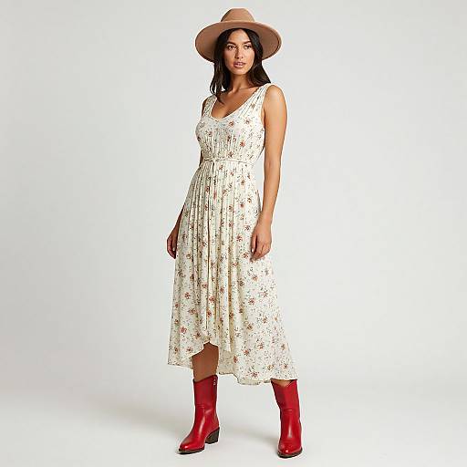 Photograph of a woman with medium brown skin wearing a white floral dress, red boots, and a beige hat, standing against a plain white background.