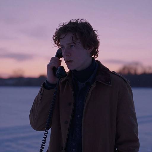 Photograph of a serious, curly-haired man in a brown coat holding a corded phone, set against a twilight, snow-covered landscape.