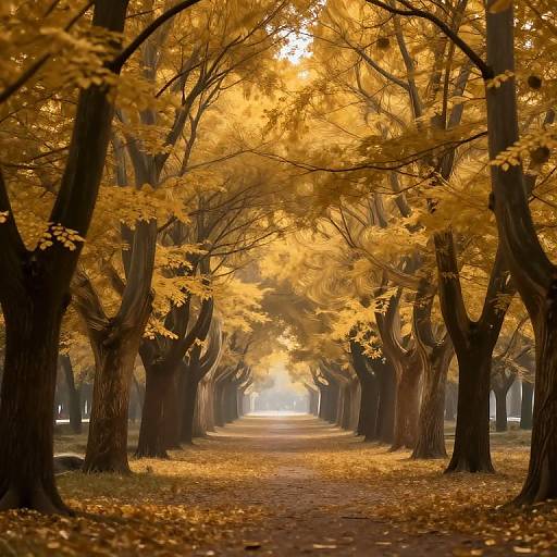 Photograph of a tree-lined pathway with vibrant autumn leaves in golden yellow, creating a tunnel of light and shadow.