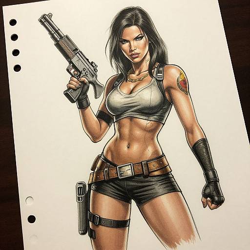 Digital comic-style drawing of a muscular, tan-skinned woman with black hair, wearing a grey tank top, black shorts, and fingerless gloves,