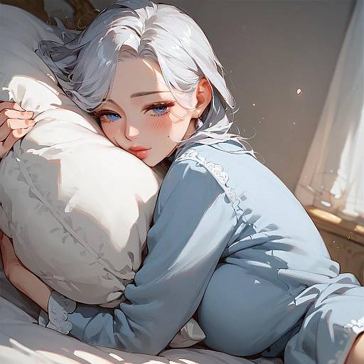 Anime Girl Hugging Pillow in Pajamas