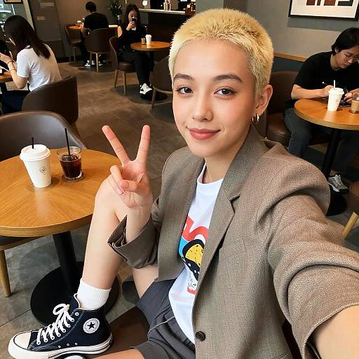 Non-Binary Selfie in Coffee Shop