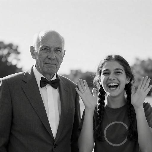 Black and White Portrait of Elderly Man and Laughing Young Woman