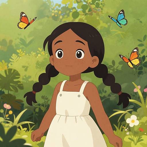 Digital cartoon of a dark-skinned girl with black braids in a white dress, surrounded by vibrant butterflies and lush greenery.