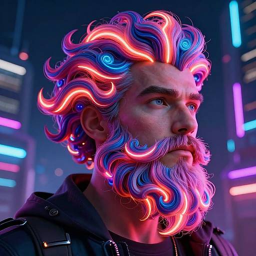 Cyberpunk portrait of a man with neon blue and pink curly hair and beard, glowing against a cityscape with vibrant lights. Digital art.